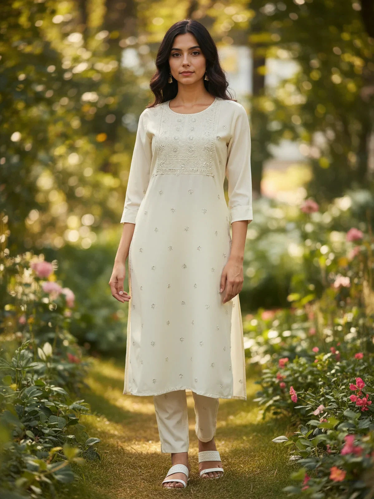 Buy Poly Viscose Embroidered Straight Calf Length Kurta-Off White