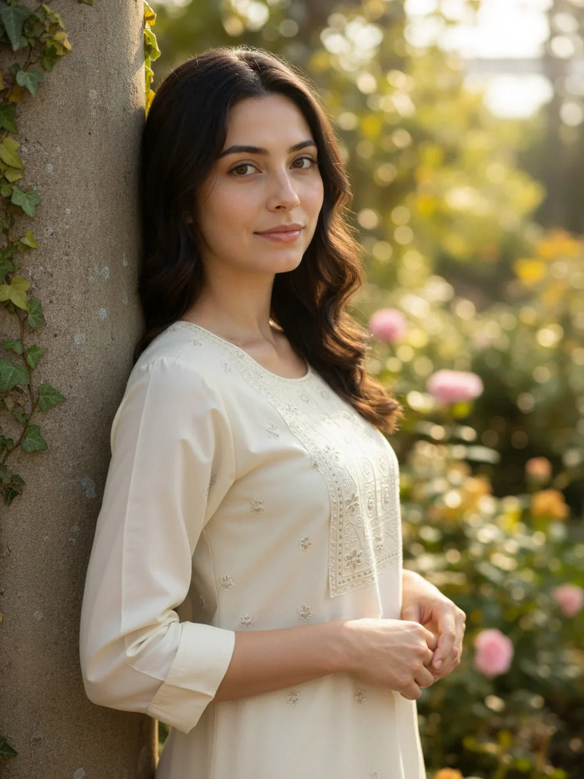 Buy Poly Viscose Embroidered Straight Calf Length Kurta-Off White