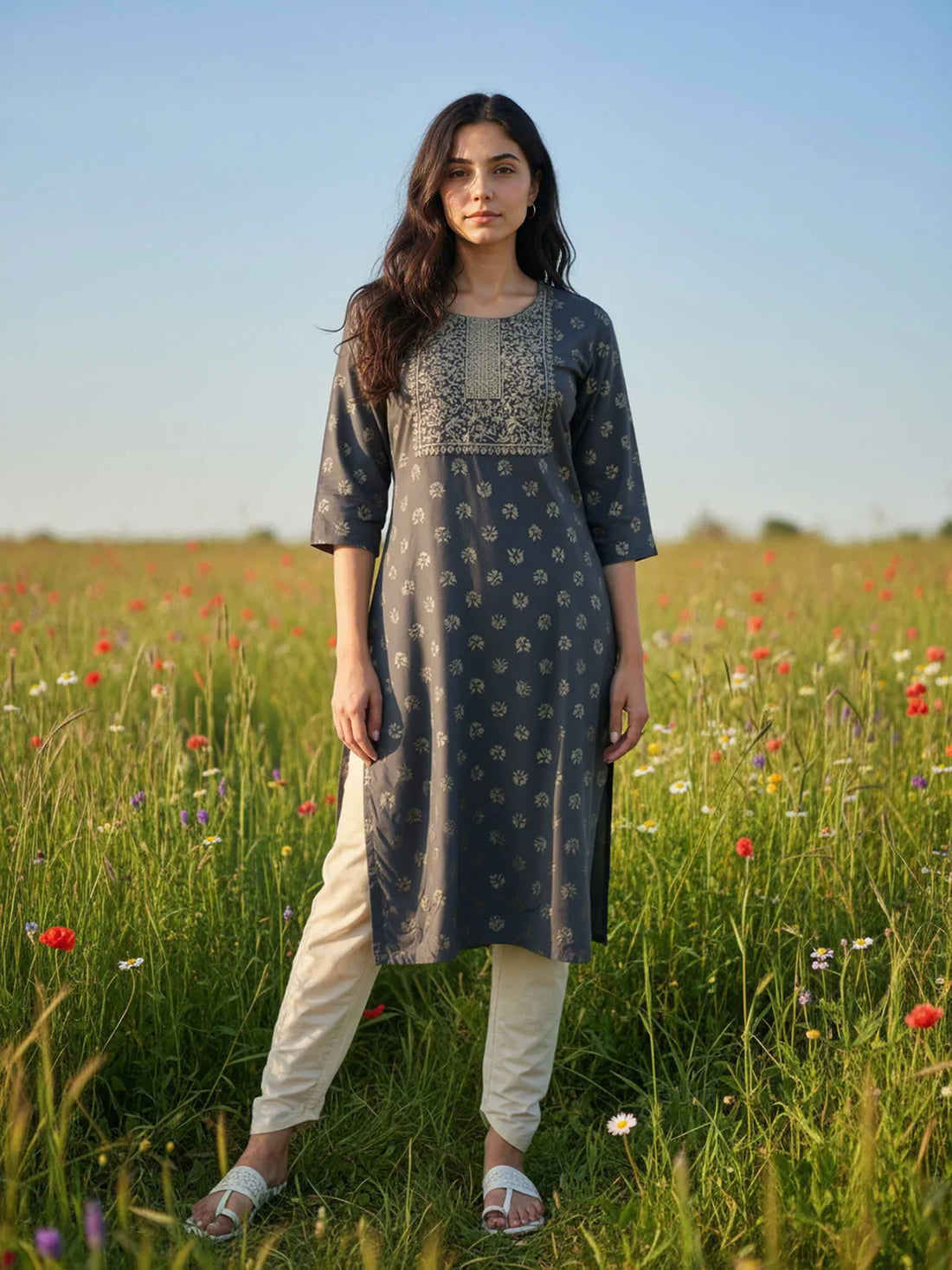 Buy Poly Viscose Embroidered Straight Calf Length Kurta-Dark Grey
