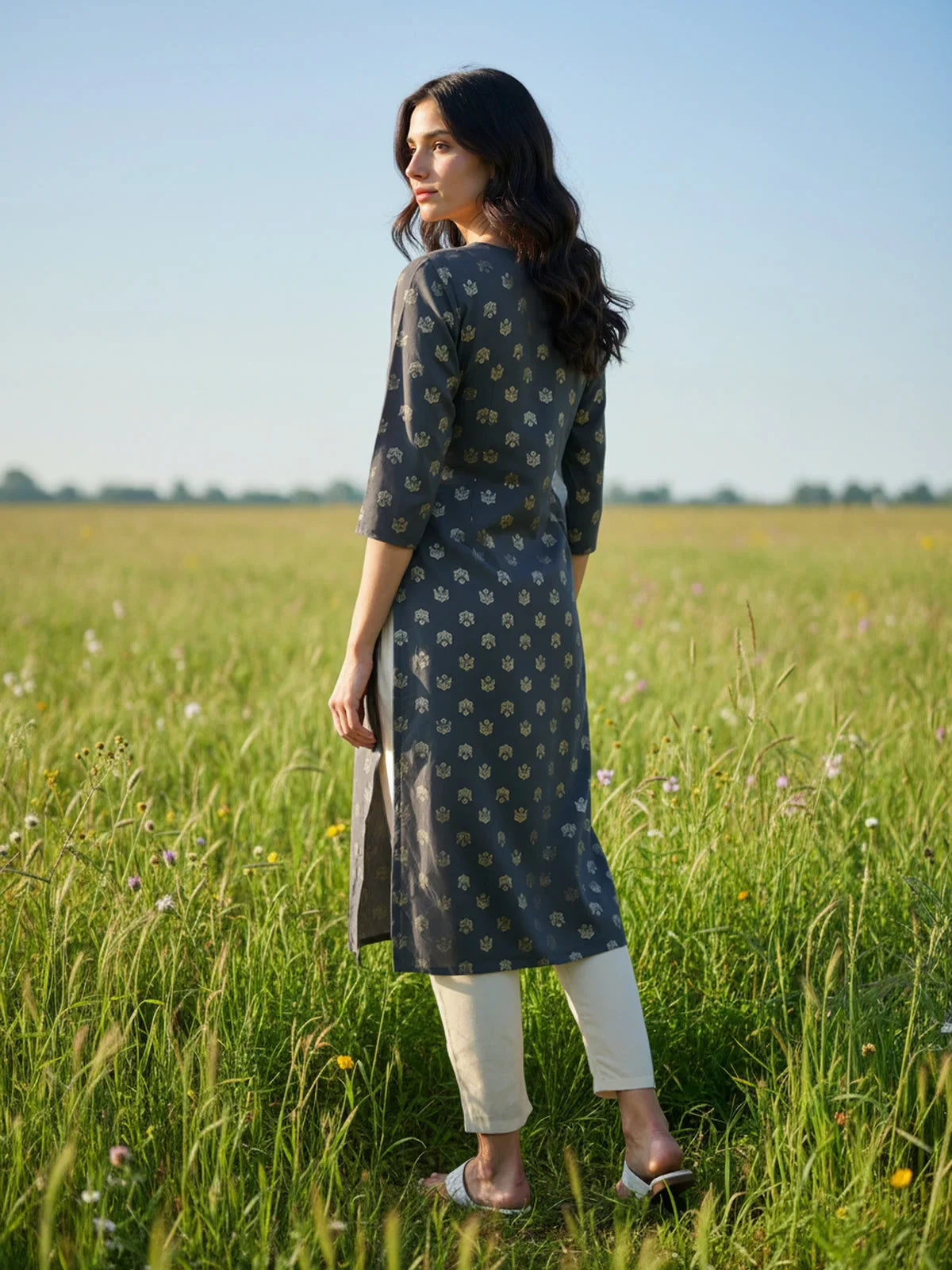 Buy Poly Viscose Embroidered Straight Calf Length Kurta-Dark Grey