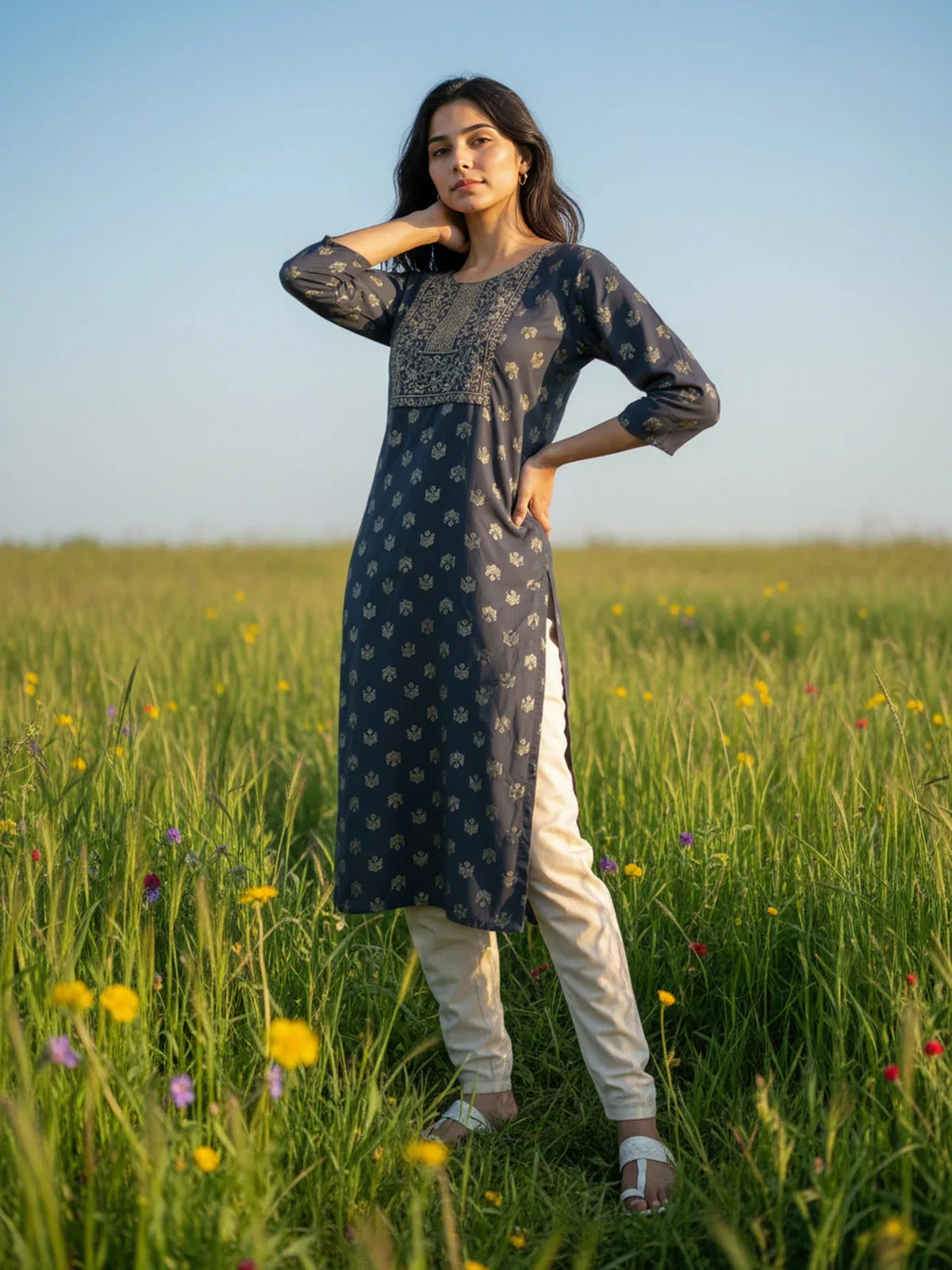 Buy Poly Viscose Embroidered Straight Calf Length Kurta-Dark Grey