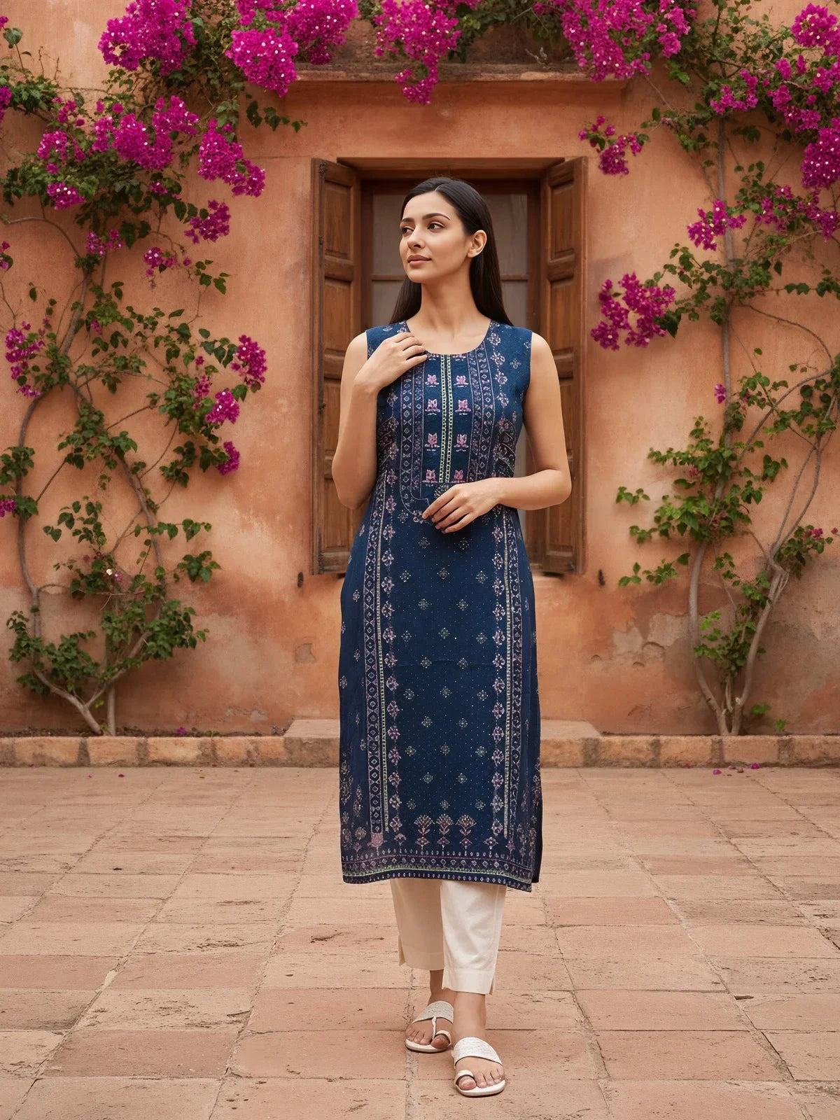 Buy Viscose Rayon Printed Straight Calf Length Kurta-Blue