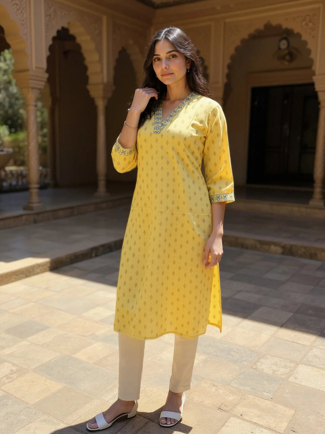 Buy Viscose Rayon Embroidered Straight Calf Length Kurta-Mustard