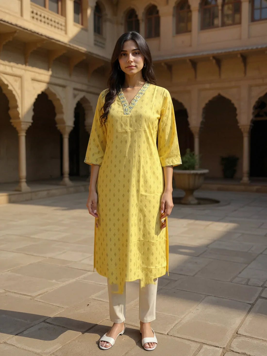 Buy Viscose Rayon Embroidered Straight Calf Length Kurta-Mustard