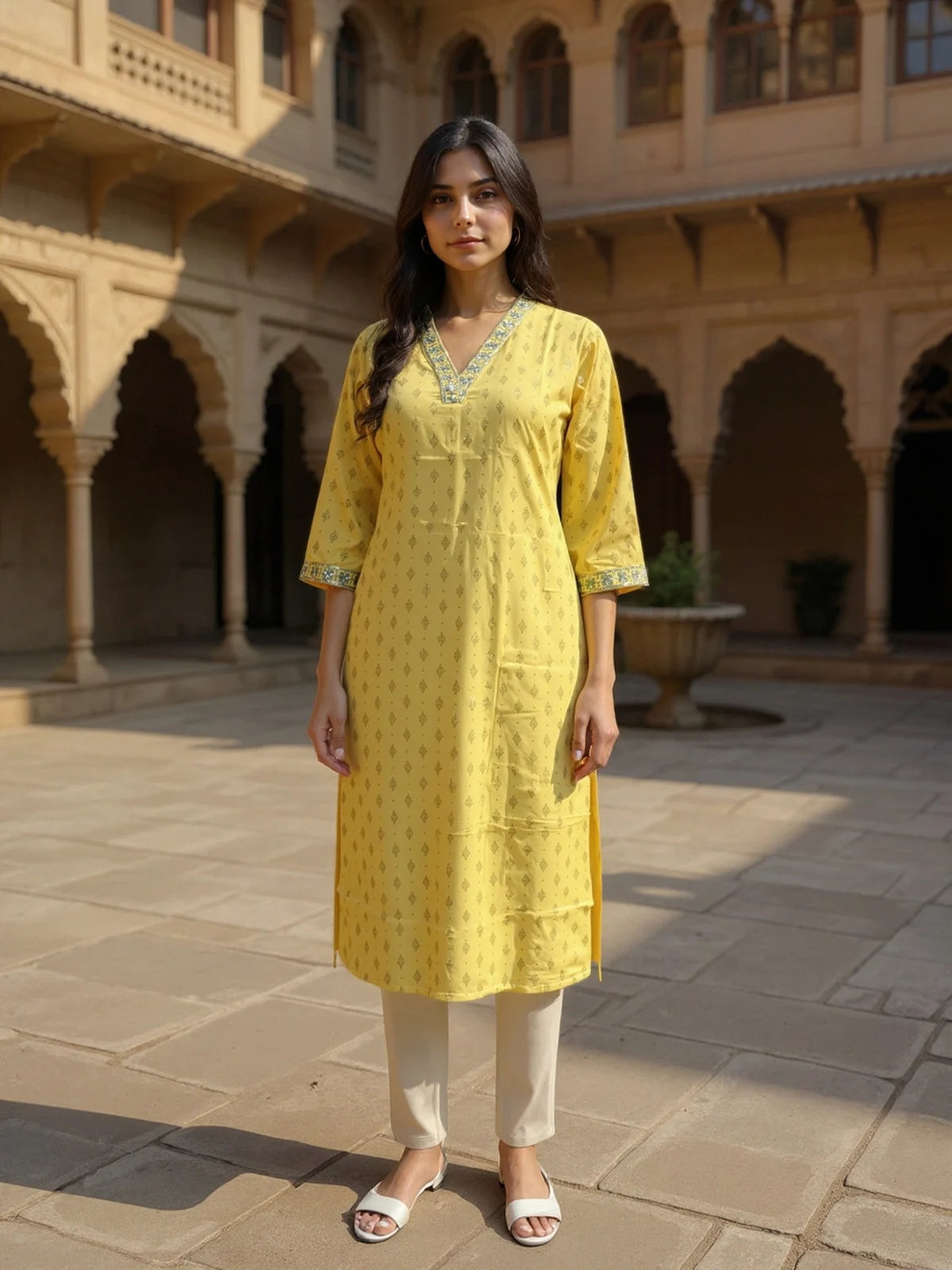 Buy Viscose Rayon Embroidered Straight Calf Length Kurta-Mustard