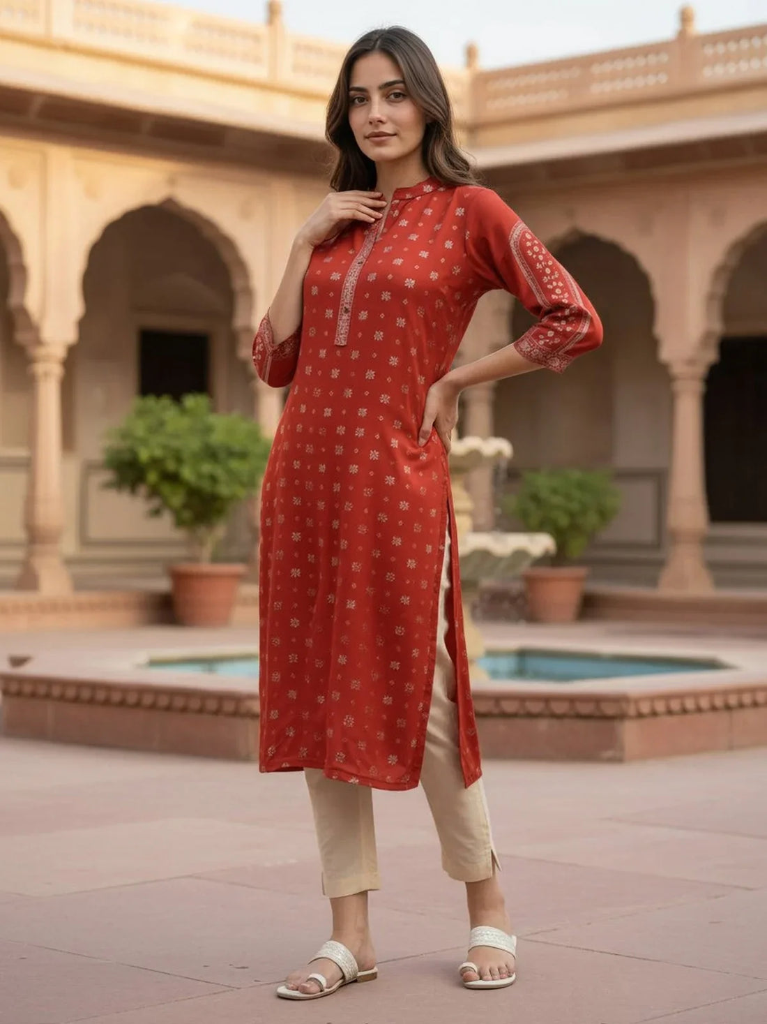 Buy Rayon Printed Straight Calf Length Kurta-Red