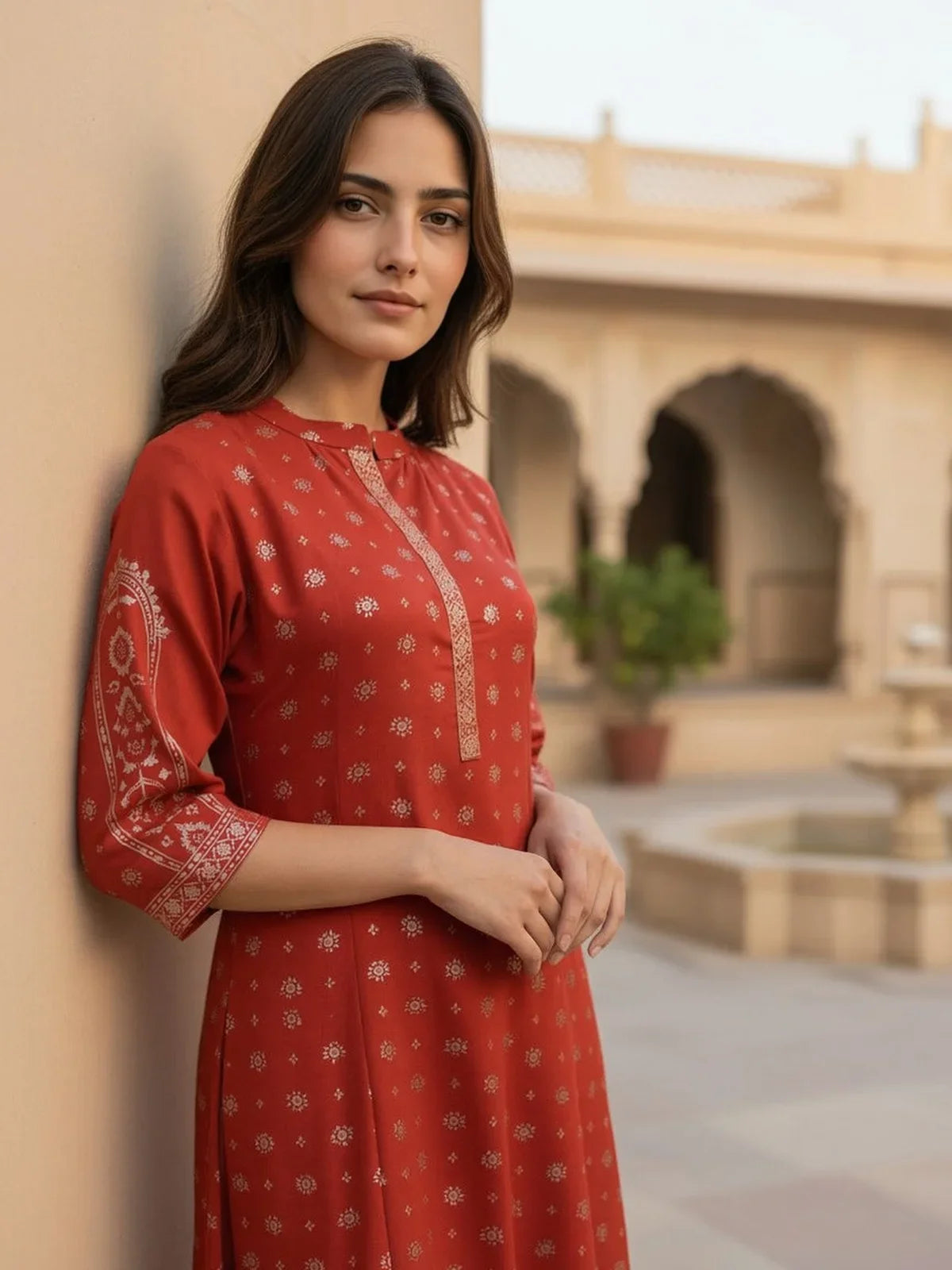 Buy Rayon Printed Straight Calf Length Kurta-Red