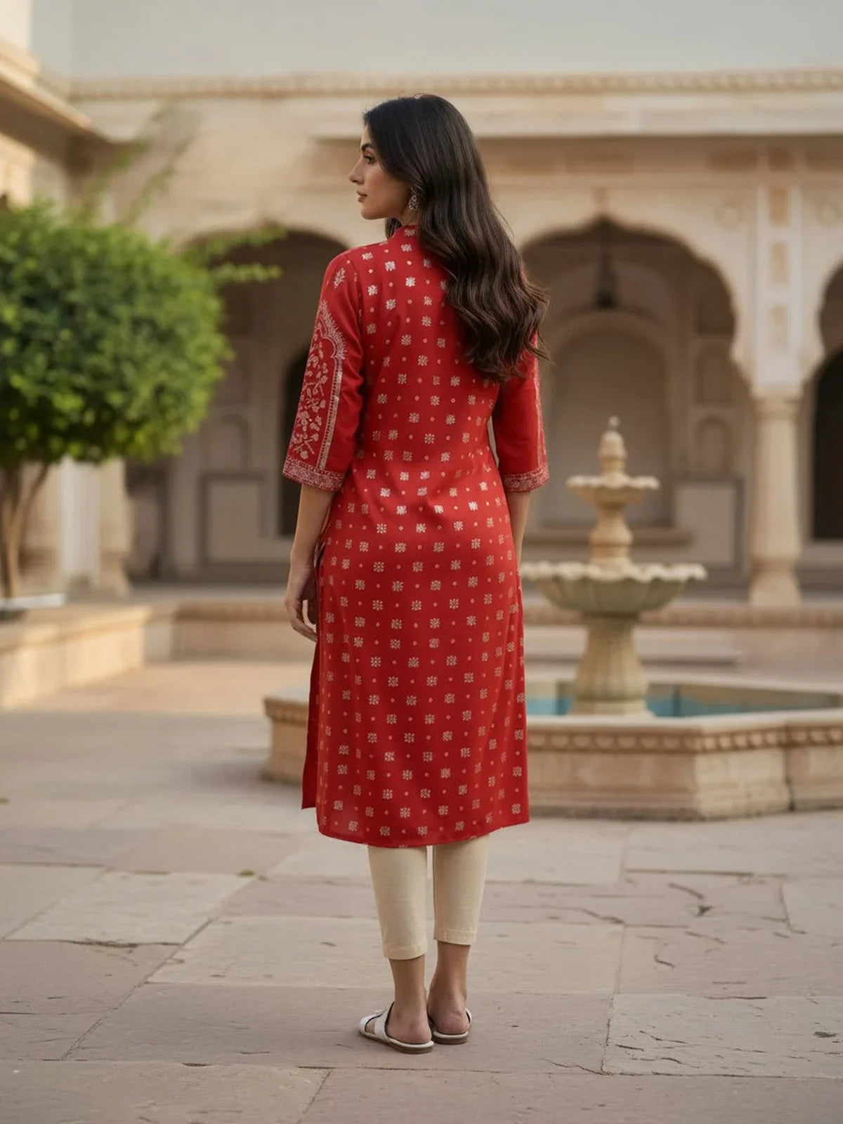 Buy Rayon Printed Straight Calf Length Kurta-Red