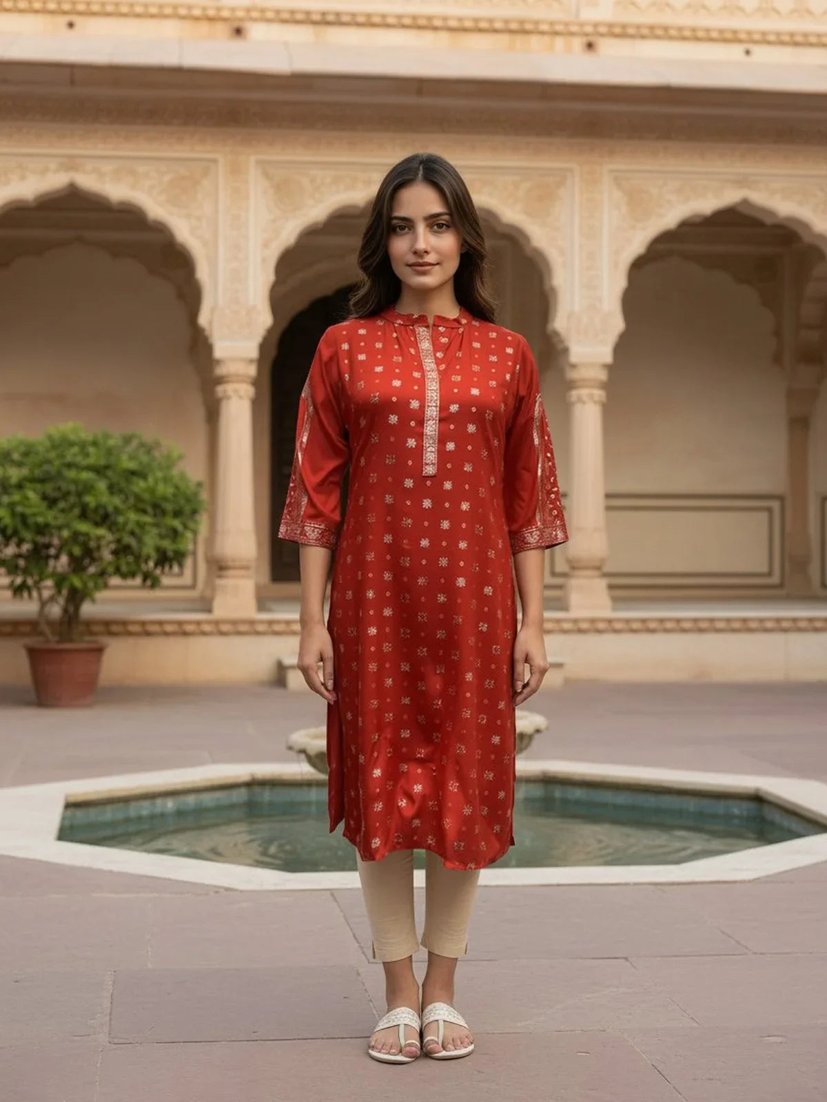 Buy Rayon Printed Straight Calf Length Kurta-Red