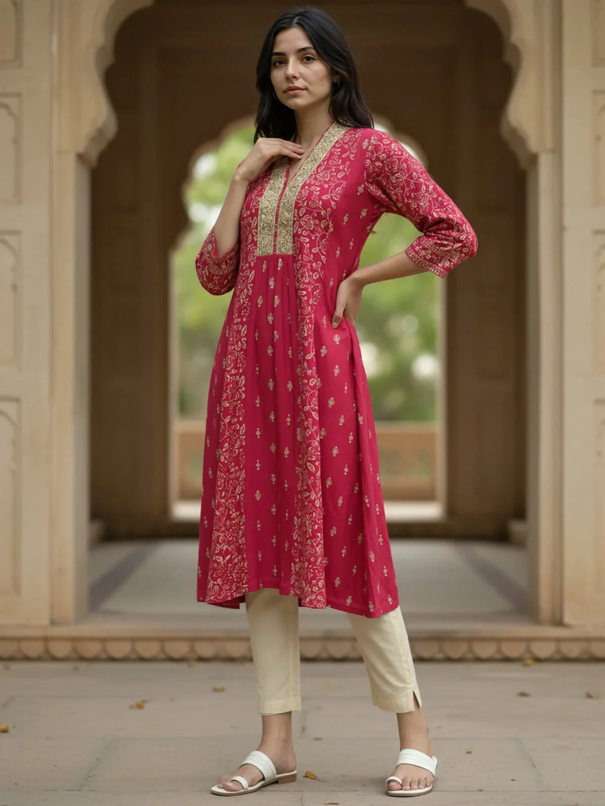 Buy Viscose Poly Embroidered Flared Calf Length Kurta-Magenta