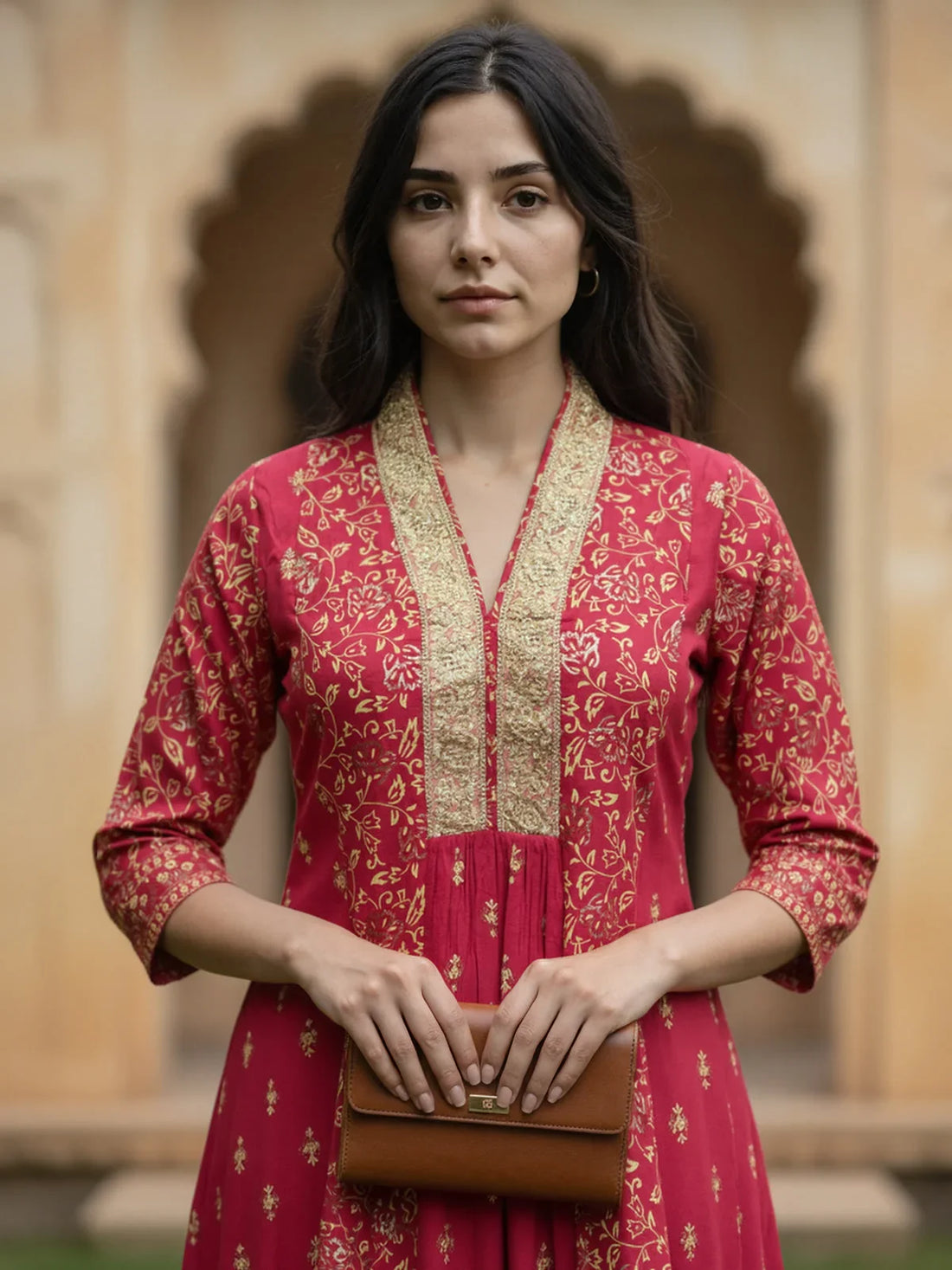 Buy Viscose Poly Embroidered Flared Calf Length Kurta-Magenta