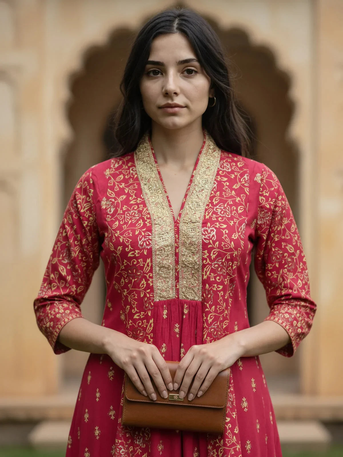 Buy Viscose Poly Embroidered Flared Calf Length Kurta-Magenta