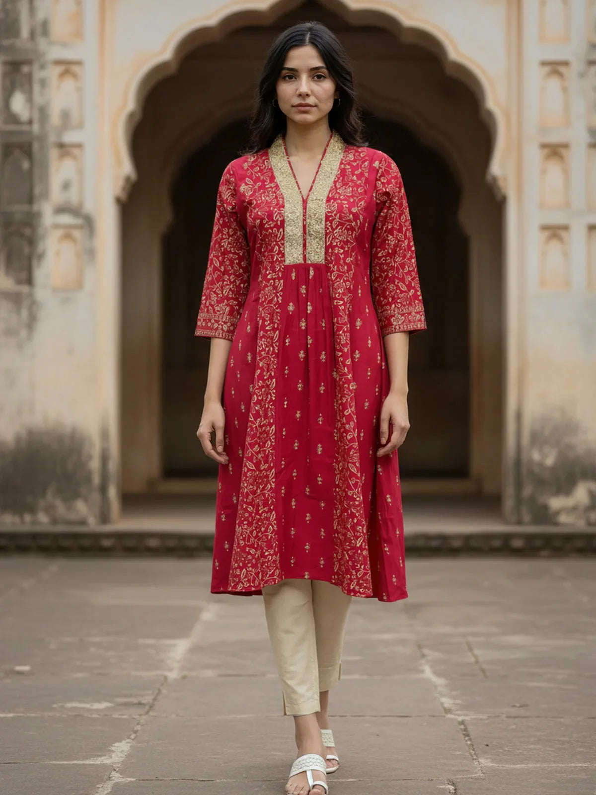 Buy Viscose Poly Embroidered Flared Calf Length Kurta-Magenta