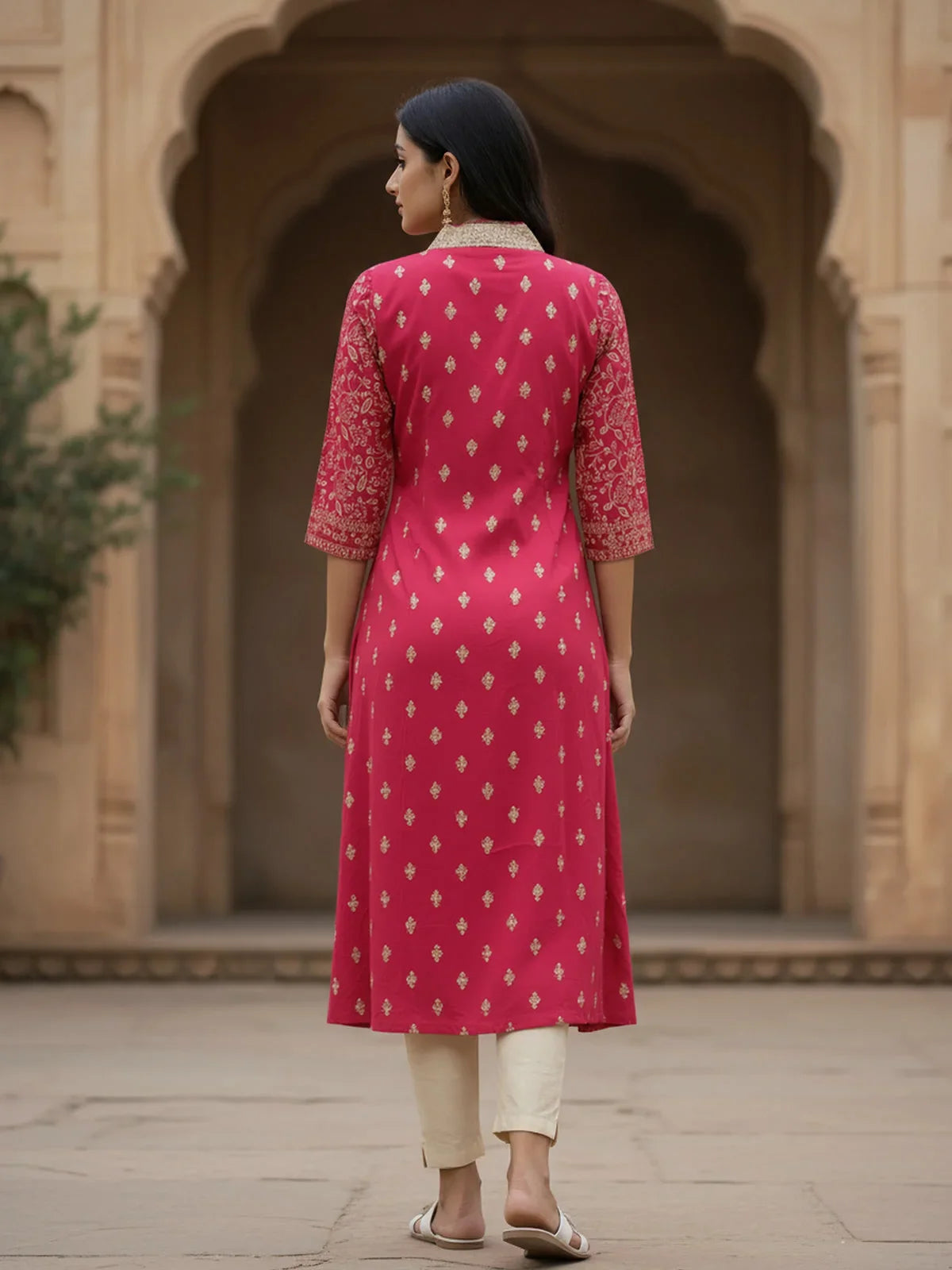 Buy Viscose Poly Embroidered Flared Calf Length Kurta-Magenta