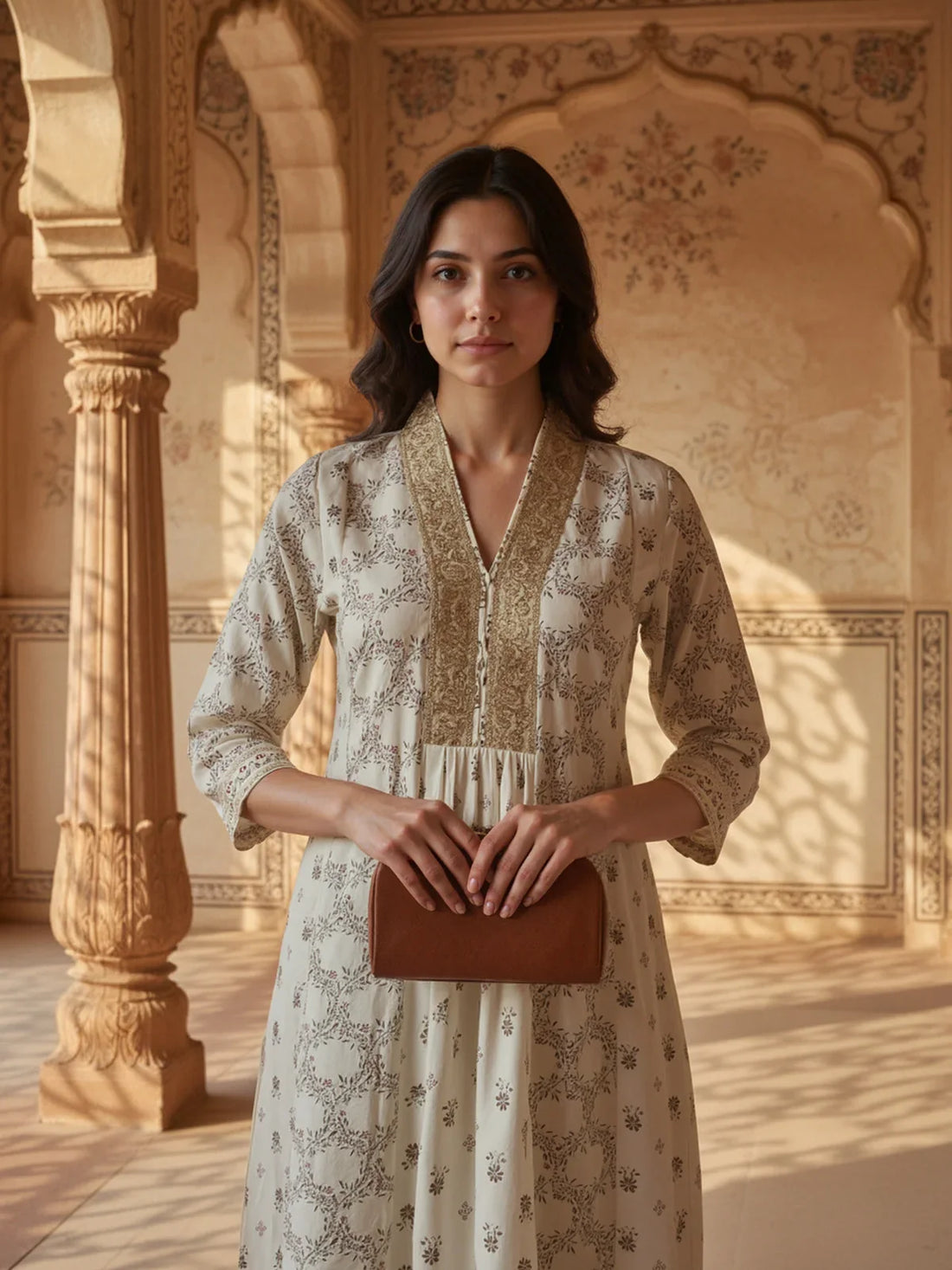 Buy Poly Viscose Embroidered Flared Calf Length KURTA-Off White