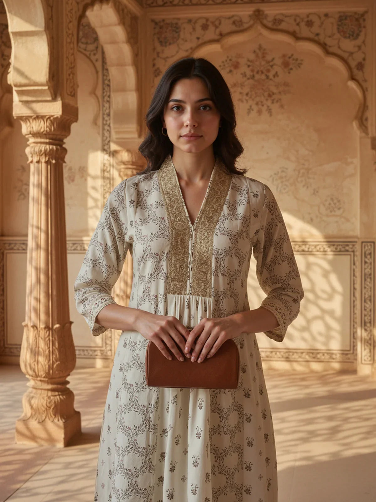 Buy Poly Viscose Embroidered Flared Calf Length KURTA-Off White