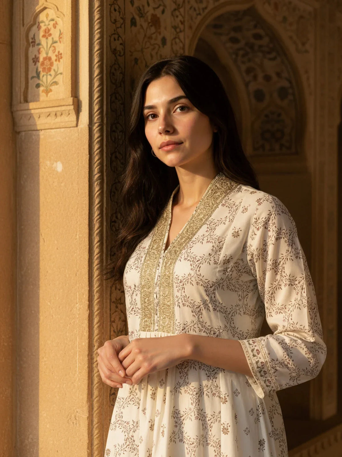 Buy Poly Viscose Embroidered Flared Calf Length KURTA-Off White