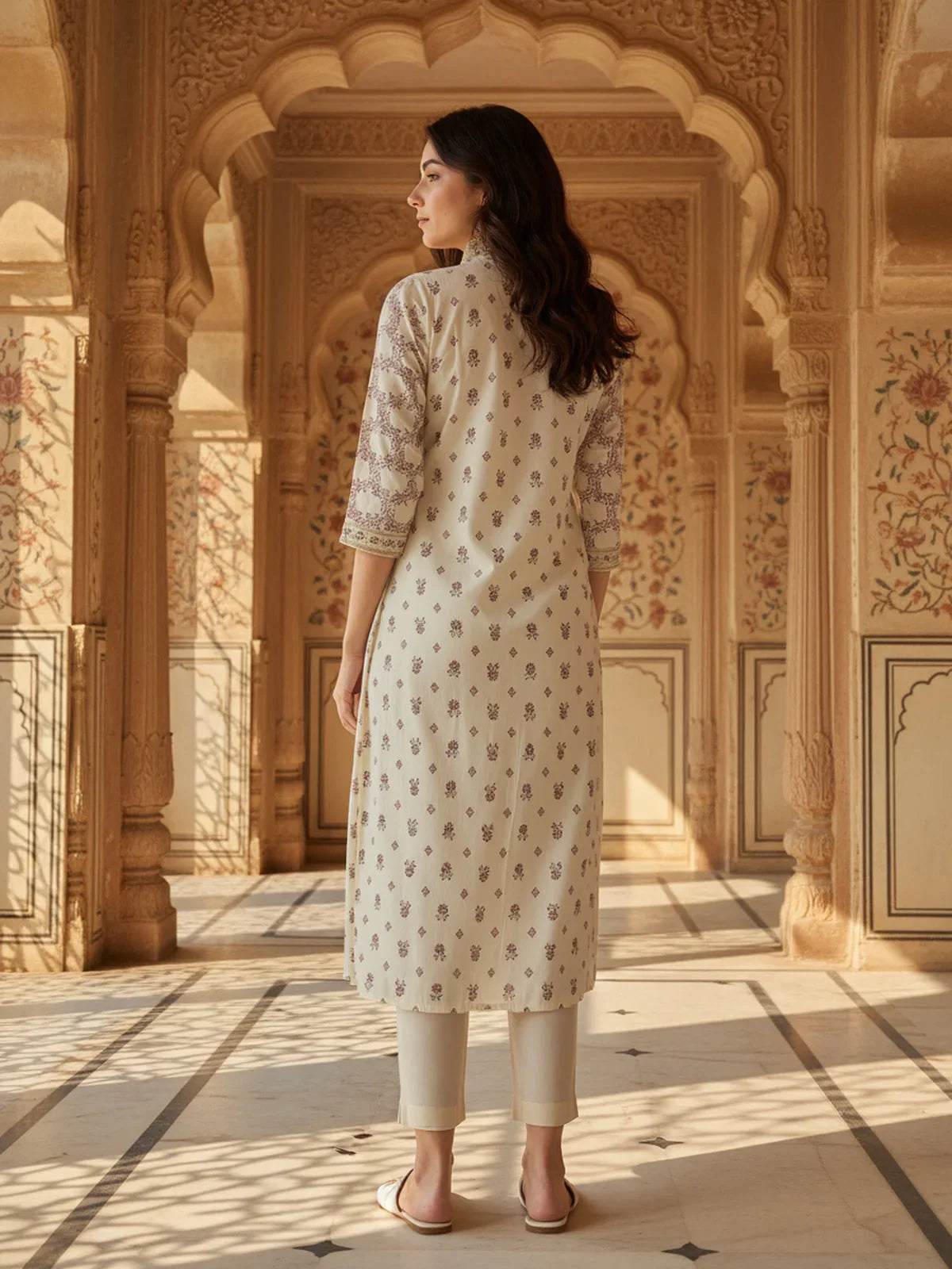 Buy Poly Viscose Embroidered Flared Calf Length KURTA-Off White