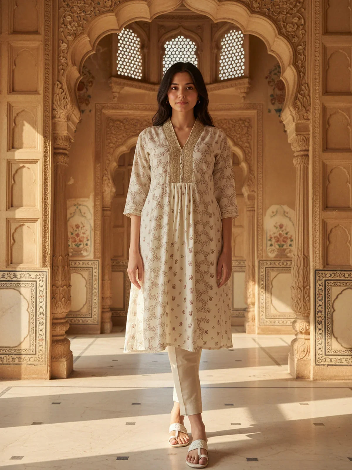 Buy Poly Viscose Embroidered Flared Calf Length KURTA-Off White