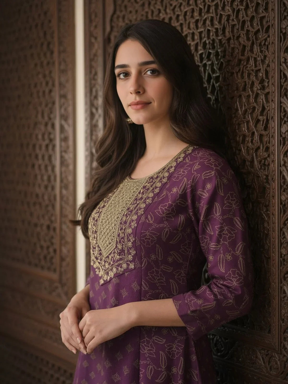 Buy Poly Viscose Embroidered Anarkali Calf Length Kurta-Maroon