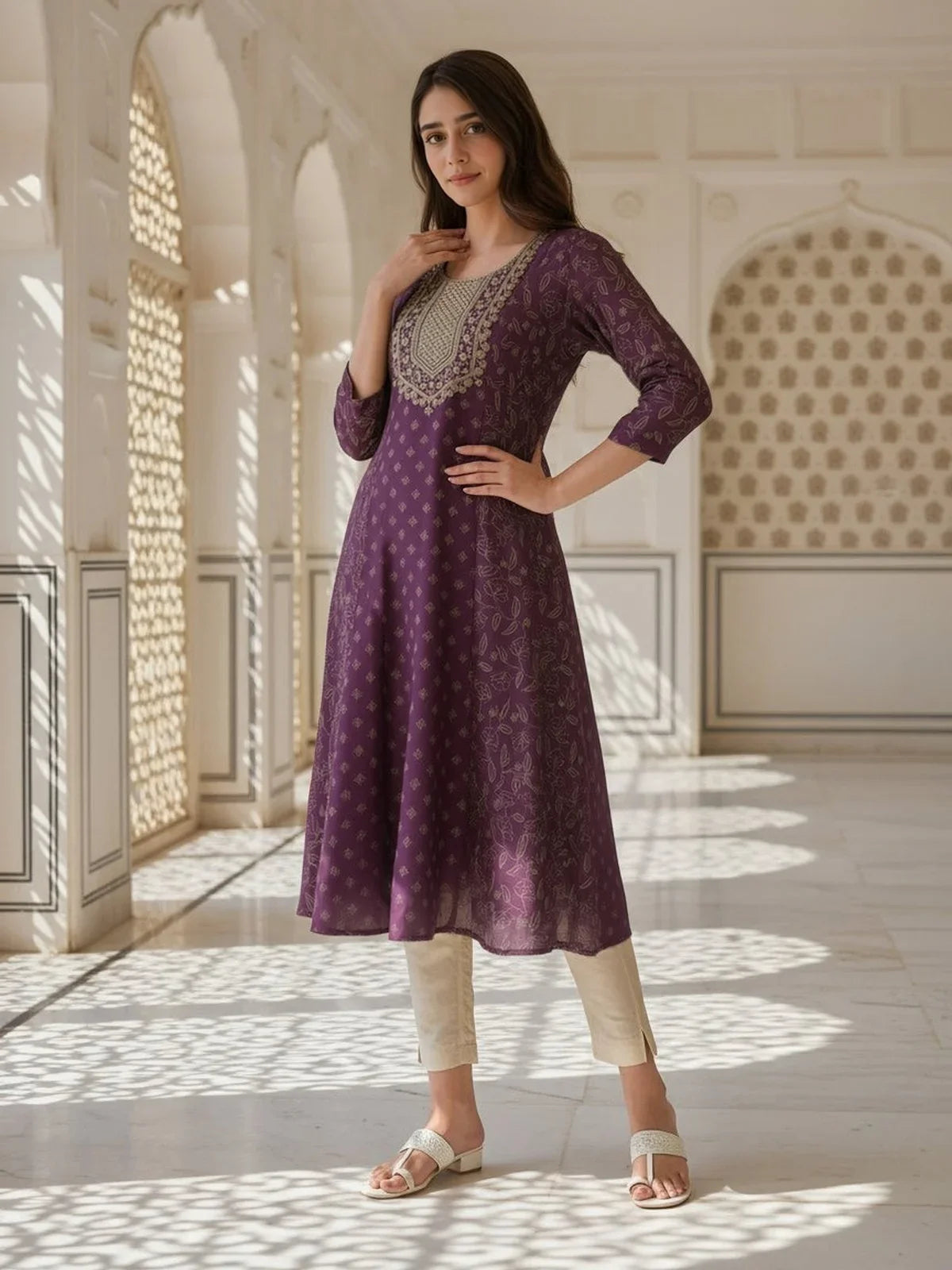 Buy Poly Viscose Embroidered Anarkali Calf Length Kurta-Maroon