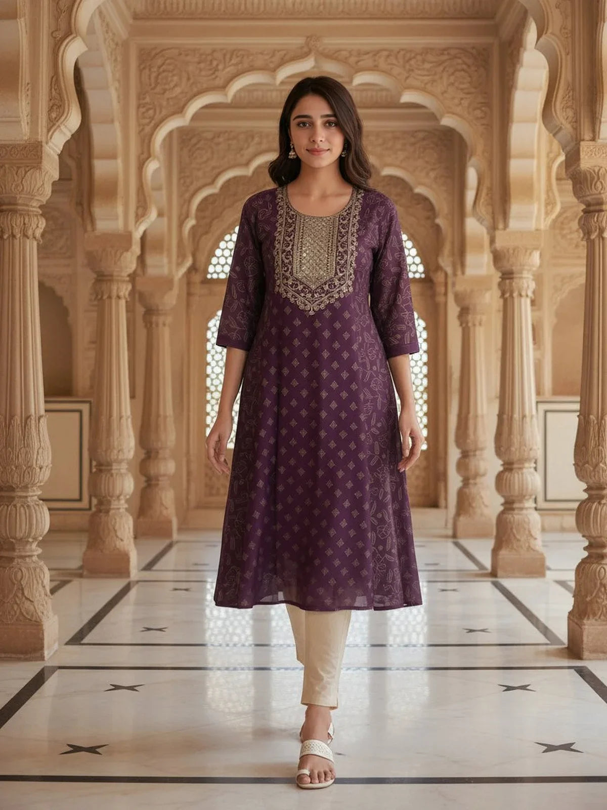 Buy Poly Viscose Embroidered Anarkali Calf Length Kurta-Maroon