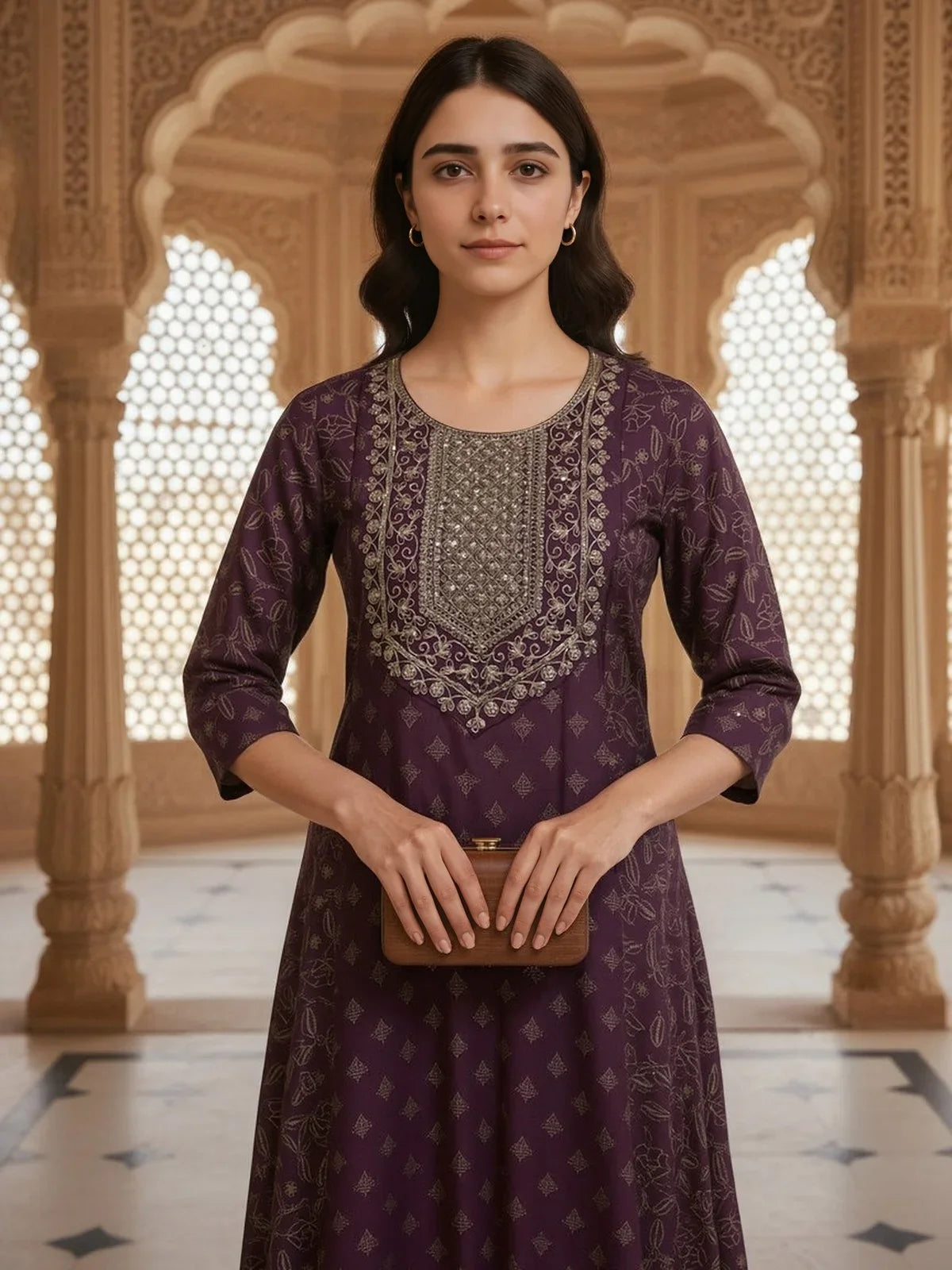 Buy Poly Viscose Embroidered Anarkali Calf Length Kurta-Maroon