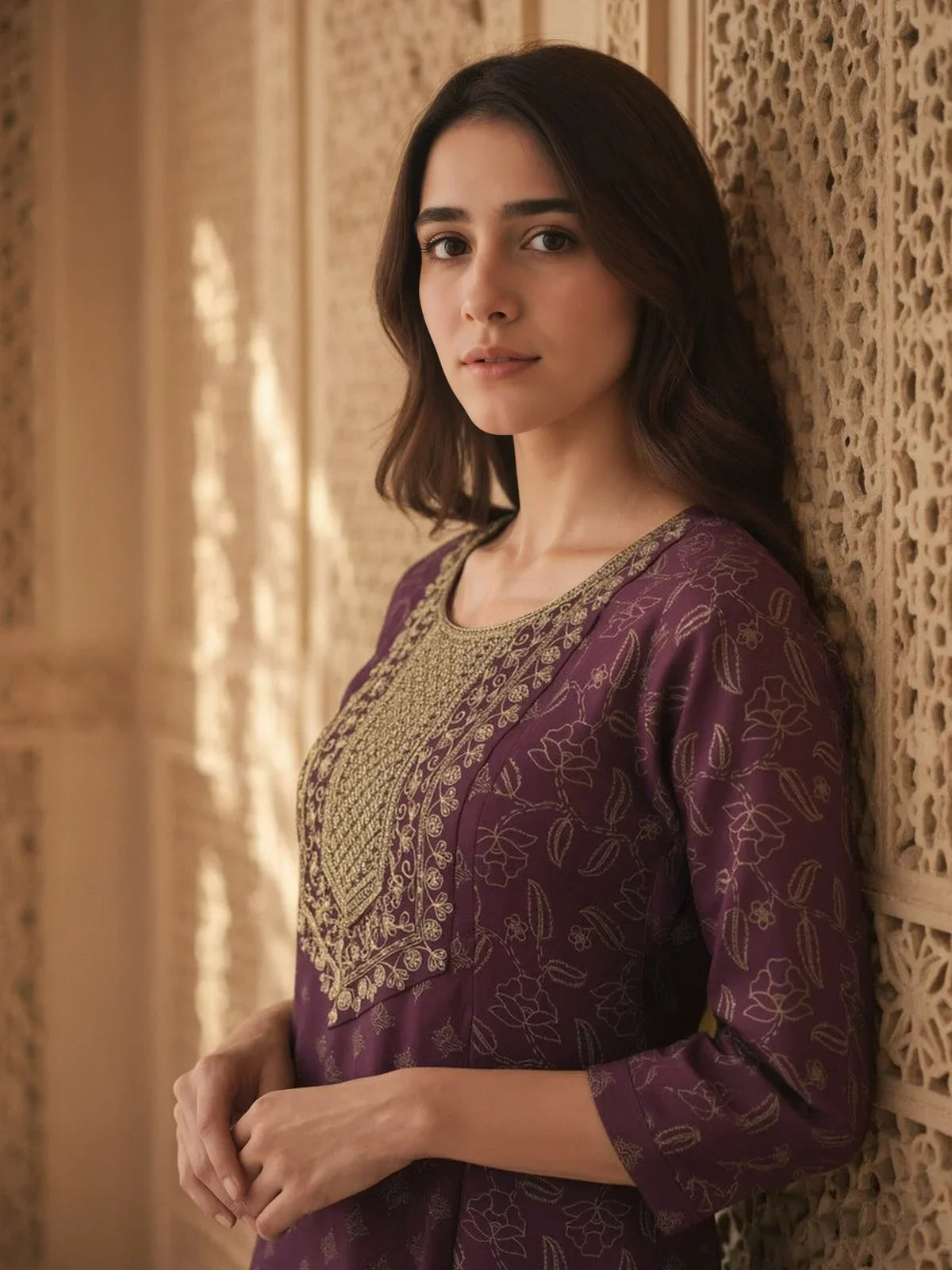 Buy Poly Viscose Embroidered Anarkali Calf Length Kurta-Maroon