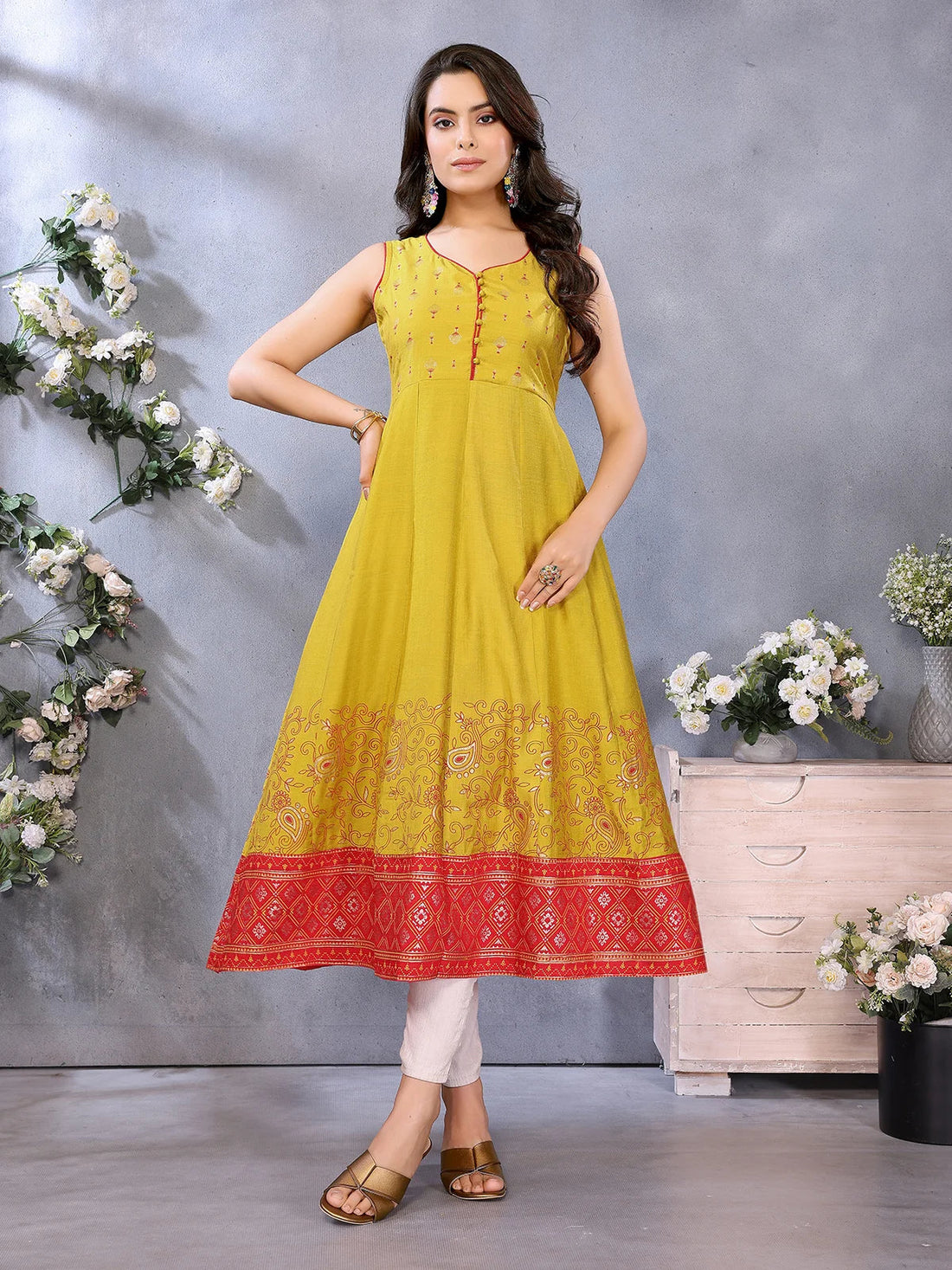 Buy Viscose Poly Printed Anarkali Calf Length Kurta-Mustard