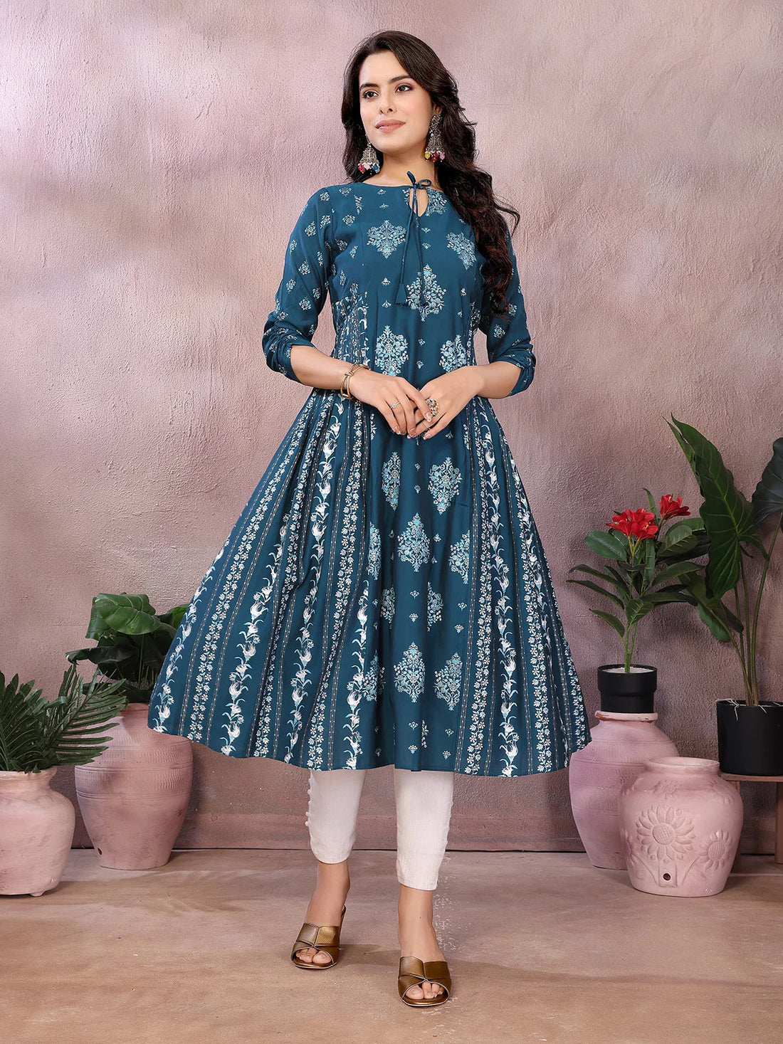 Buy Viscose Poly Printed Flared Calf Length Kurta-Teal