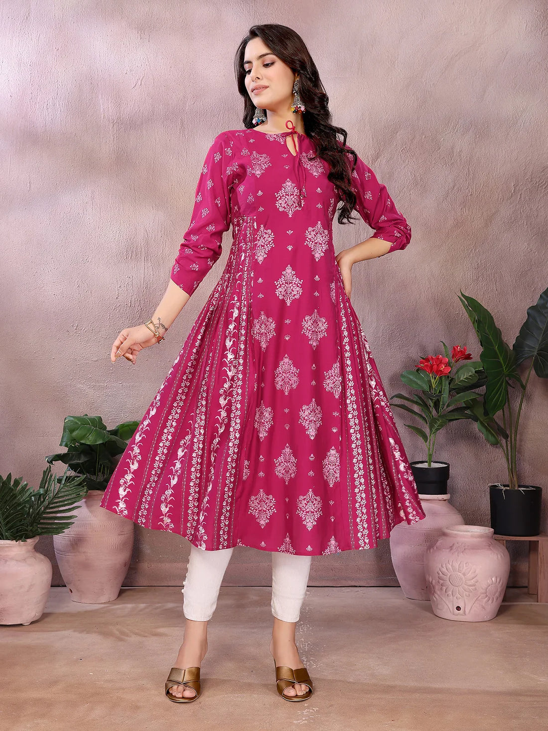 Buy Viscose Poly Printed Flared Calf Length Kurta-Magenta