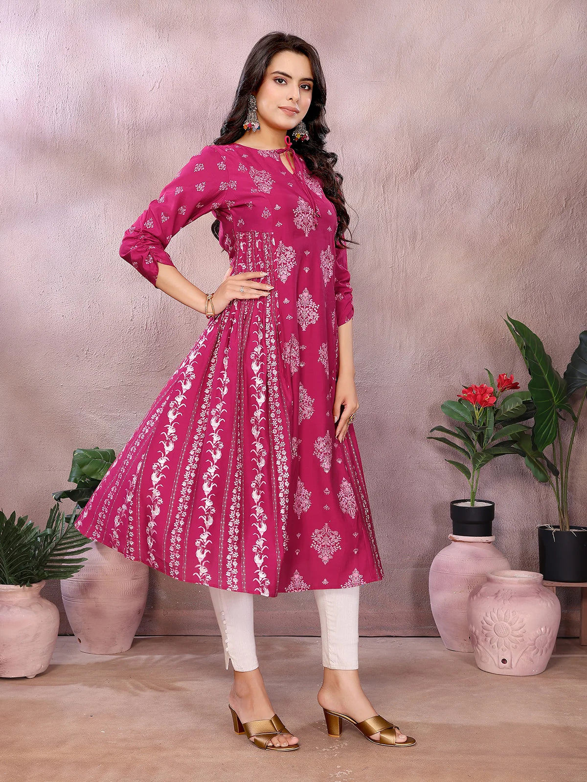 Buy Viscose Poly Printed Flared Calf Length Kurta-Magenta