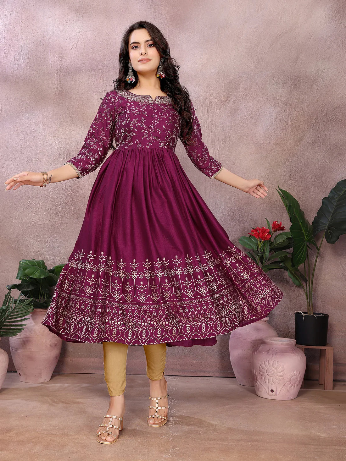 Buy Polyester Printed Anarkali Calf Length Kurta-Wine