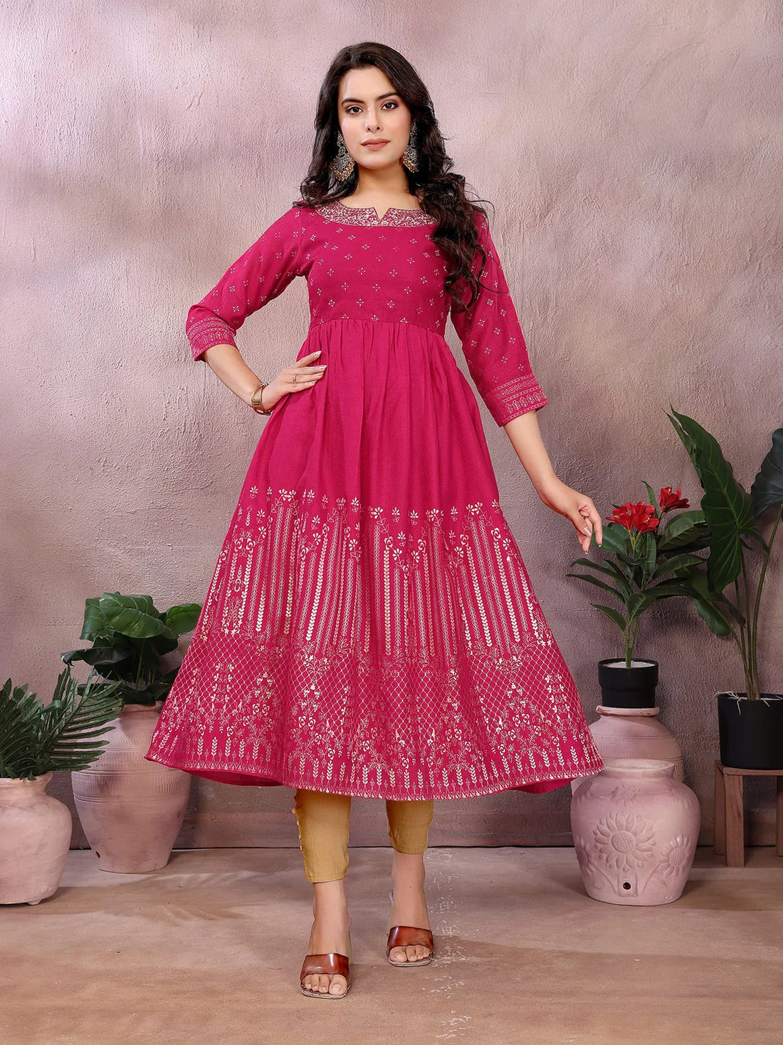 Buy Polyester Printed Anarkali Calf Length Kurta-Red