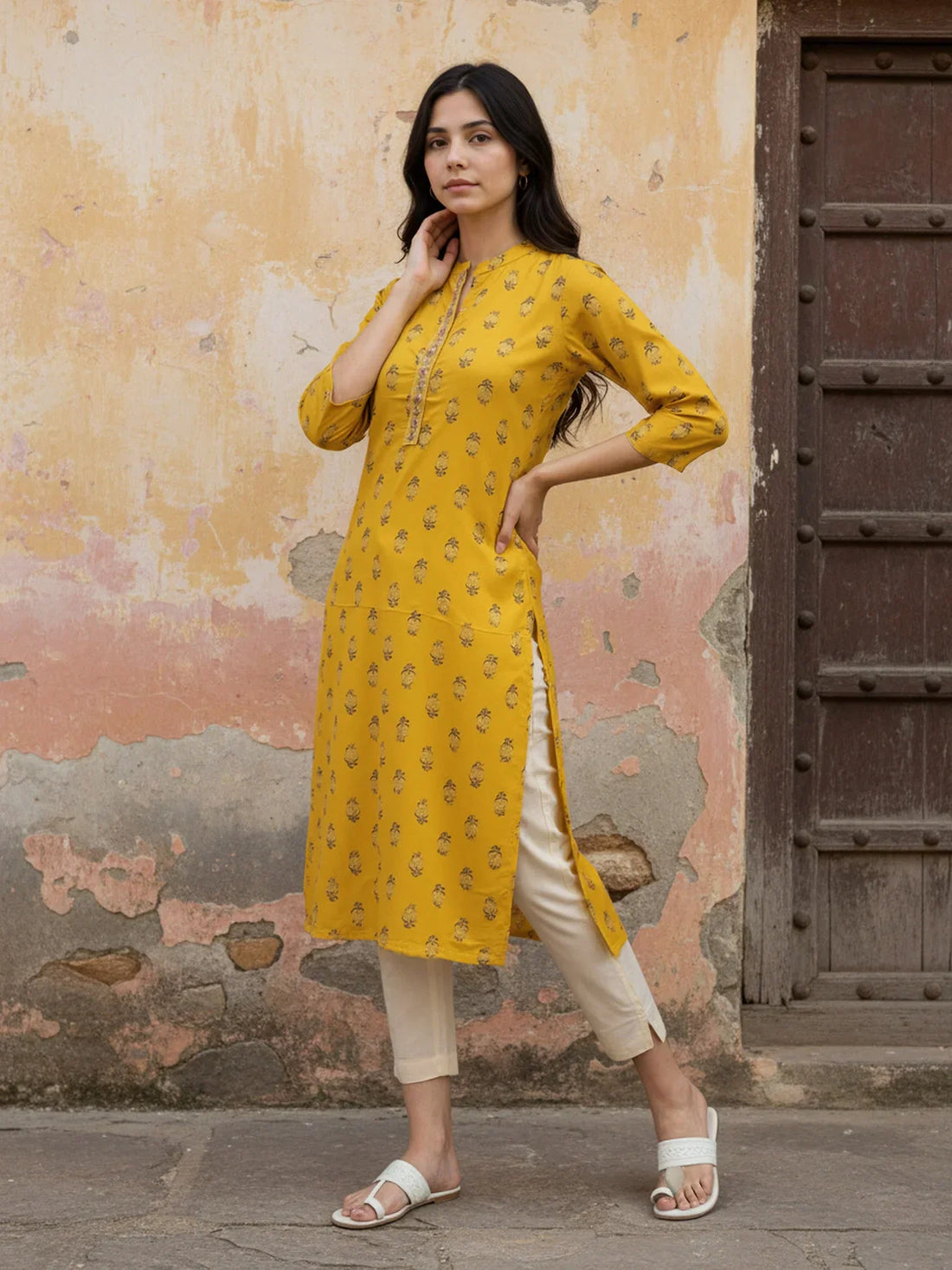 Buy Viscose Rayon Printed Straight Calf Length Kurta-Mustard