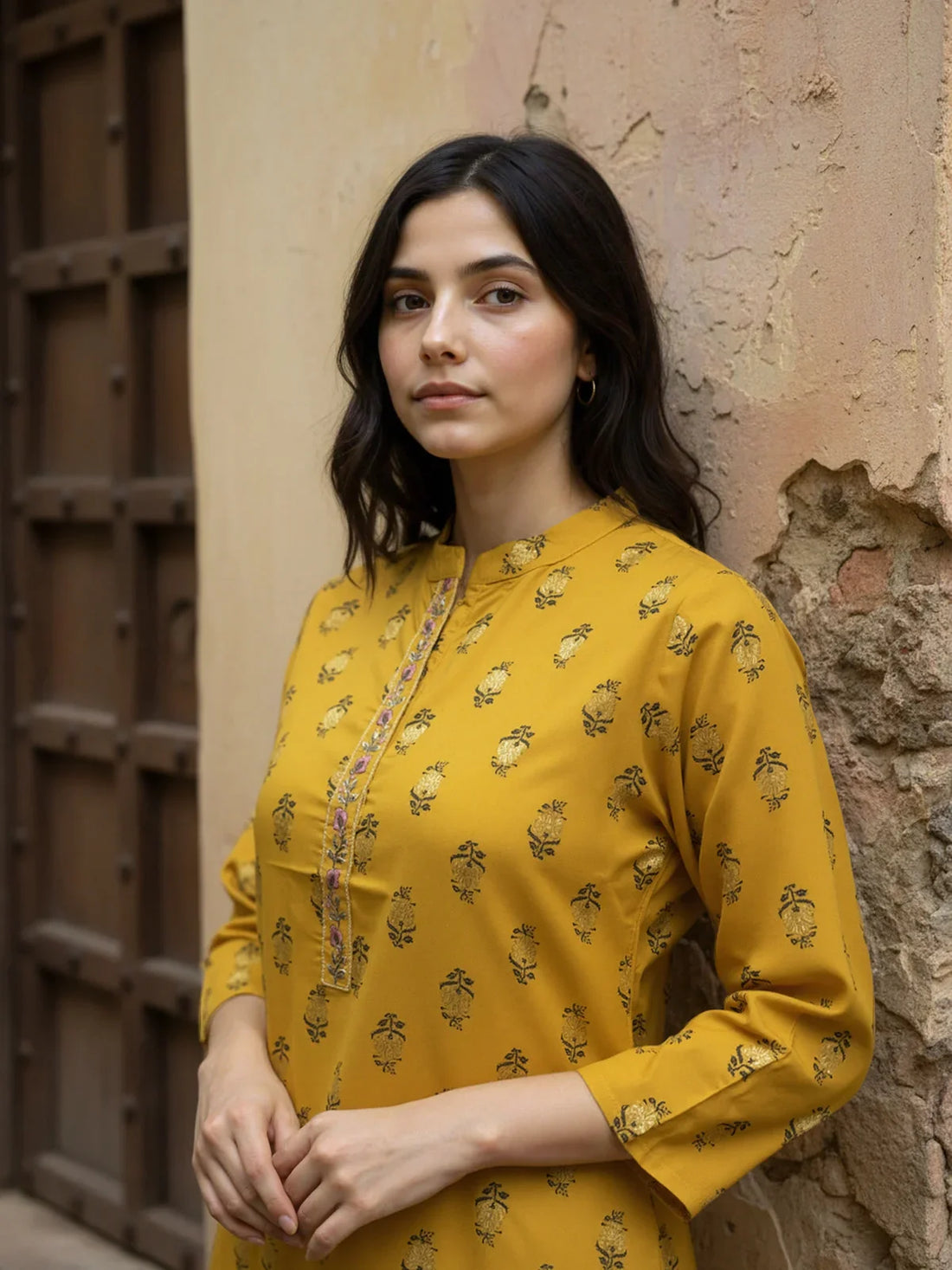 Buy Viscose Rayon Printed Straight Calf Length Kurta-Mustard