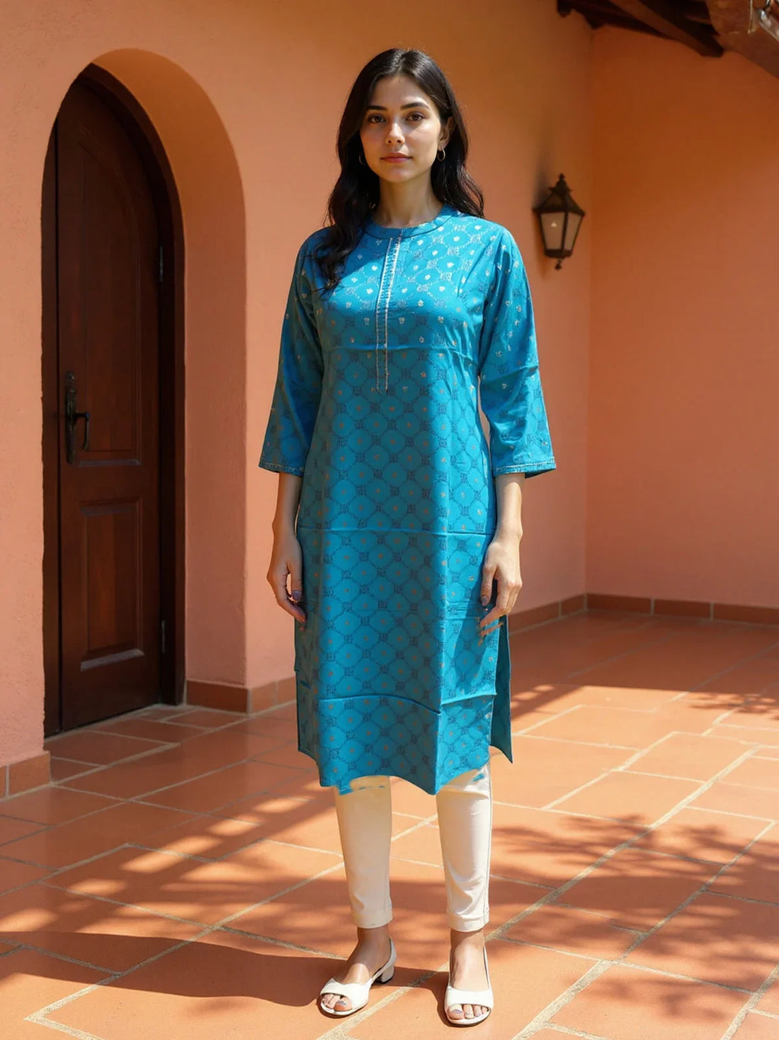 Buy Viscose Rayon Printed Straight Calf Length Kurta-Turquoise