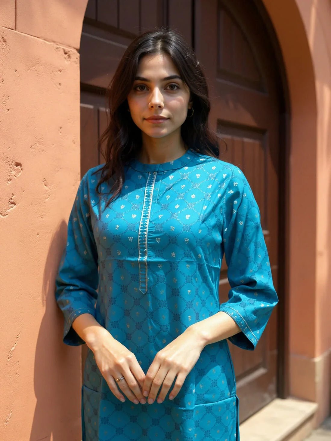 Buy Viscose Rayon Printed Straight Calf Length Kurta-Turquoise