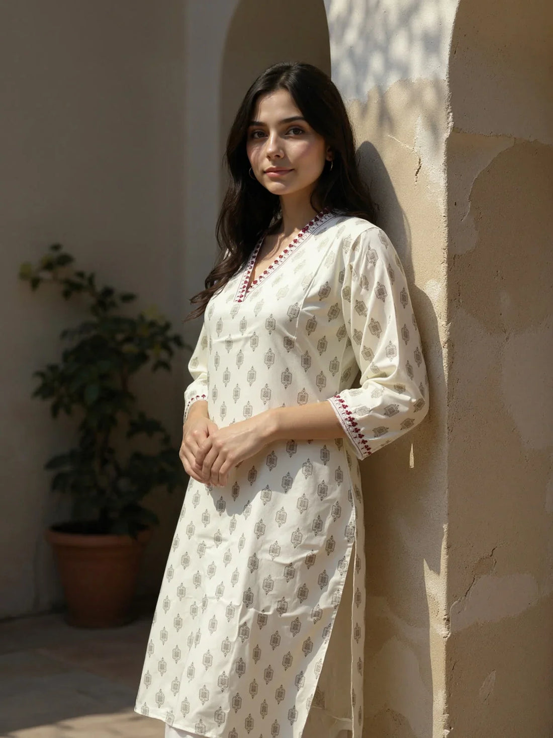 Buy Viscose Rayon Embroidered Straight Calf Length Kurta-Off White