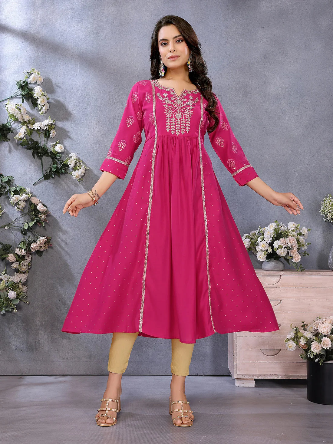 Buy Viscose Poly Printed Flared Calf Length Kurta-Pink