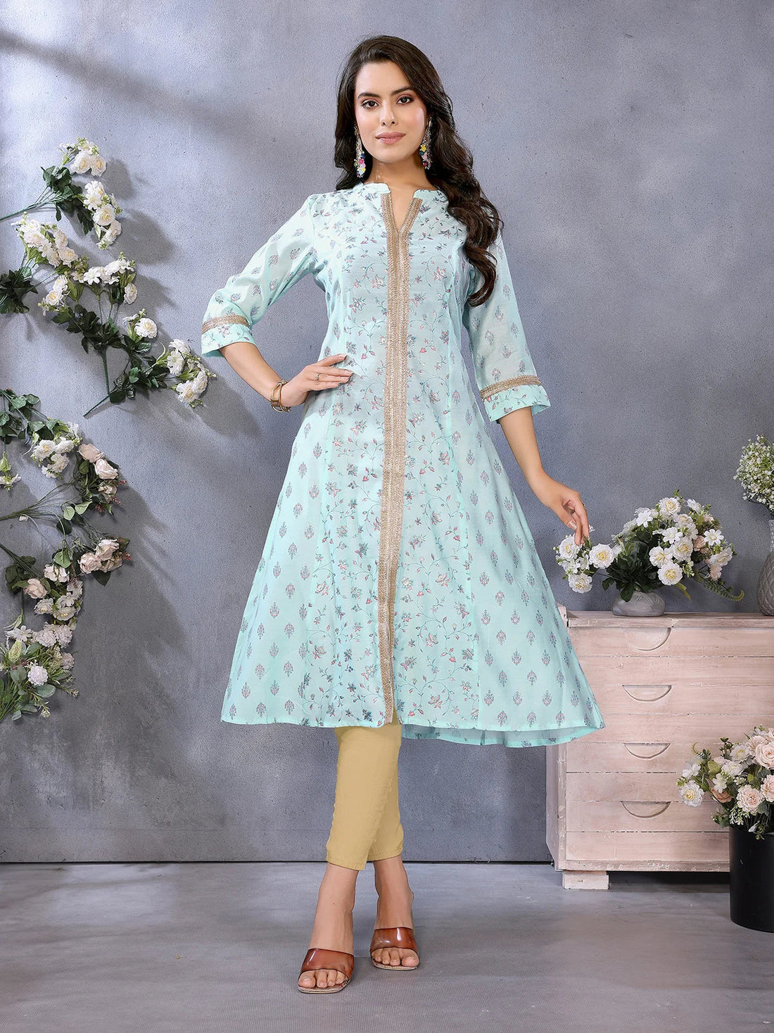 Buy Viscose Poly Printed A-Line Calf Length Kurta-Blue