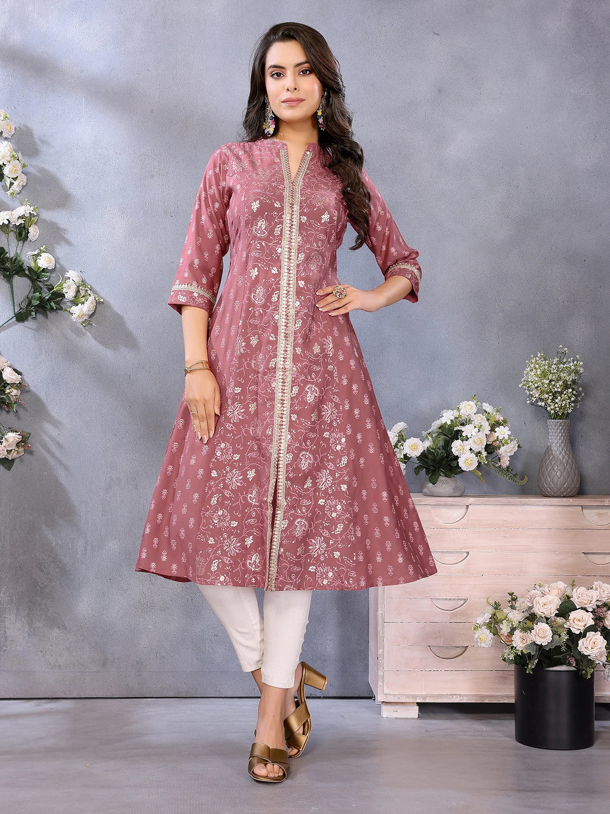 Buy Viscose Poly Printed A-Line Calf Length Kurta-Mauve