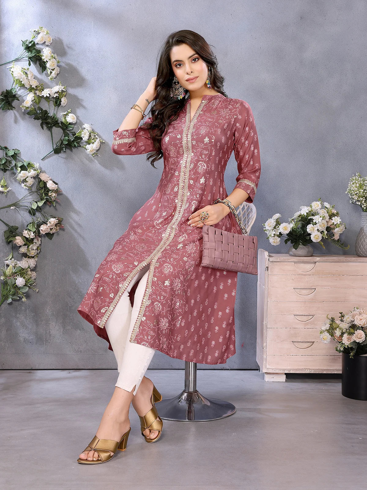 Buy Viscose Poly Printed A-Line Calf Length Kurta-Mauve