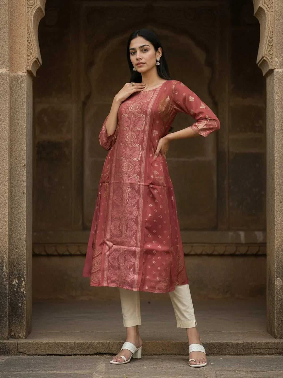 Buy Poly Viscose Printed Anarkali Calf Length Kurta-Mauve