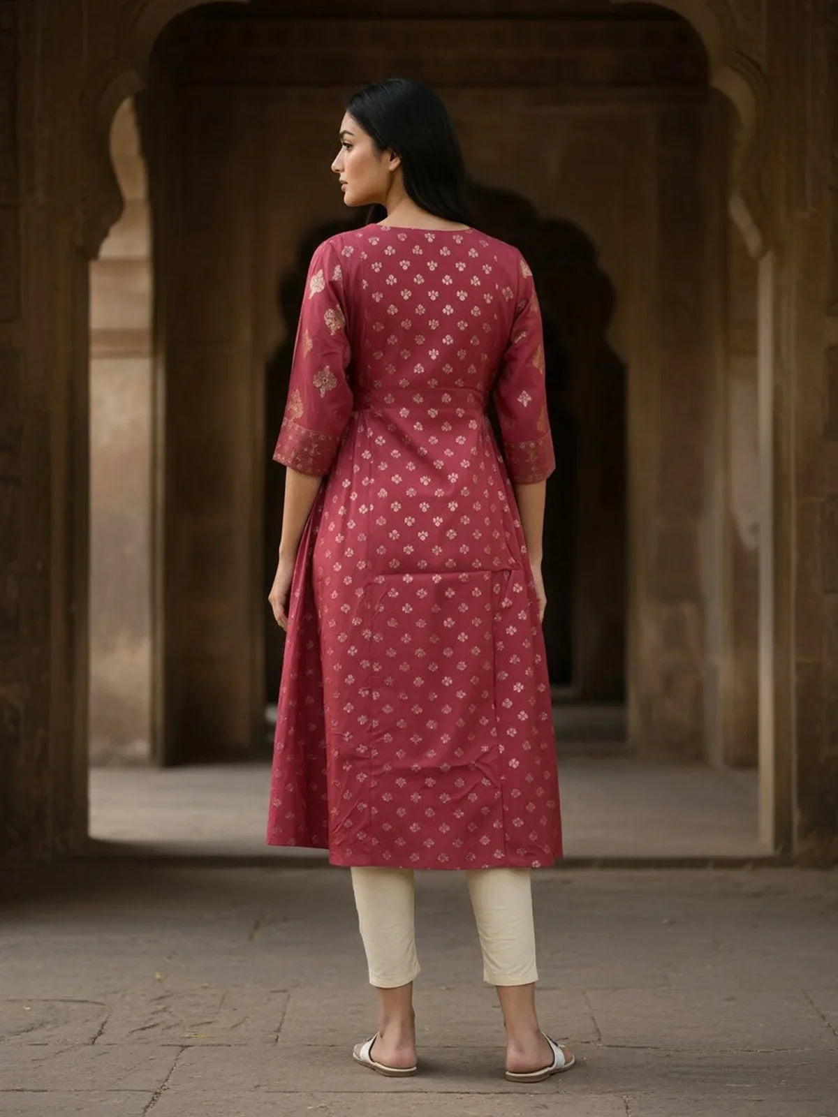 Buy Poly Viscose Printed Anarkali Calf Length Kurta-Mauve
