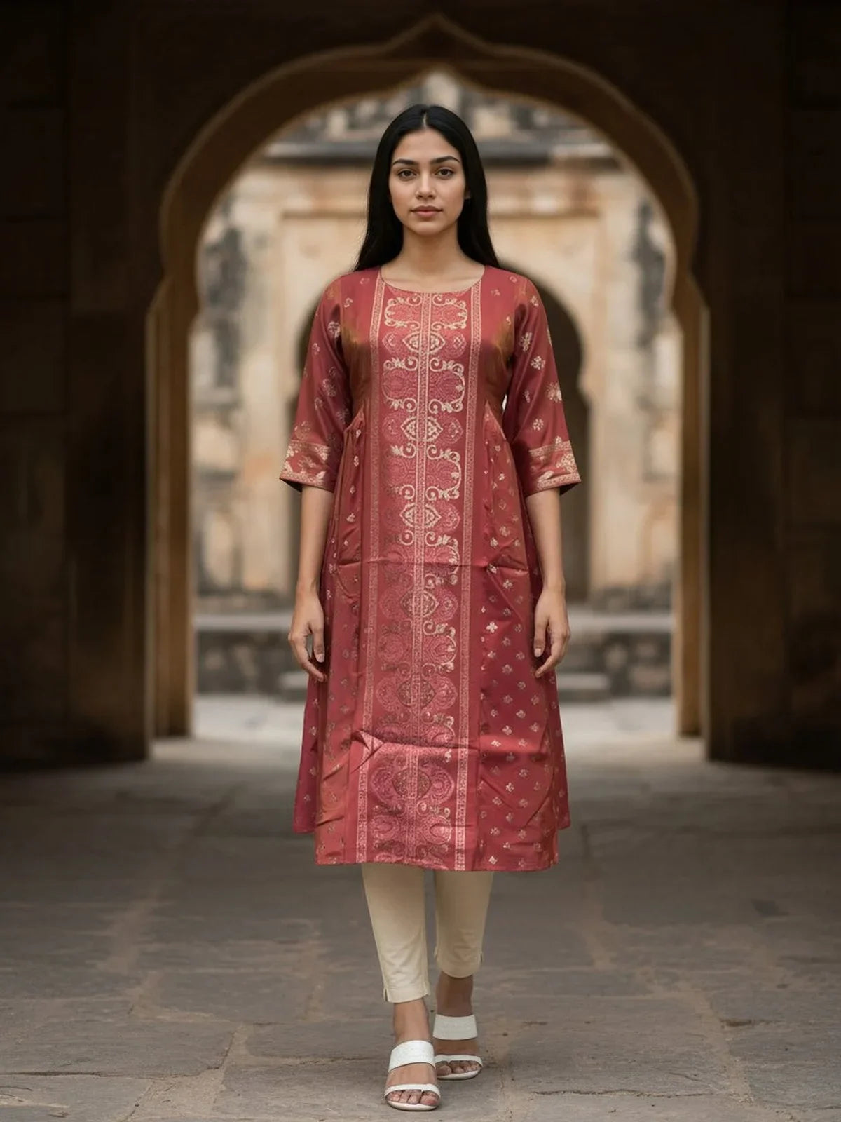 Buy Poly Viscose Printed Anarkali Calf Length Kurta-Mauve