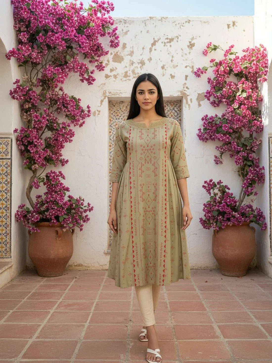 Buy Poly Viscose Embroidered Anarkali Calf Length Kurta-Green