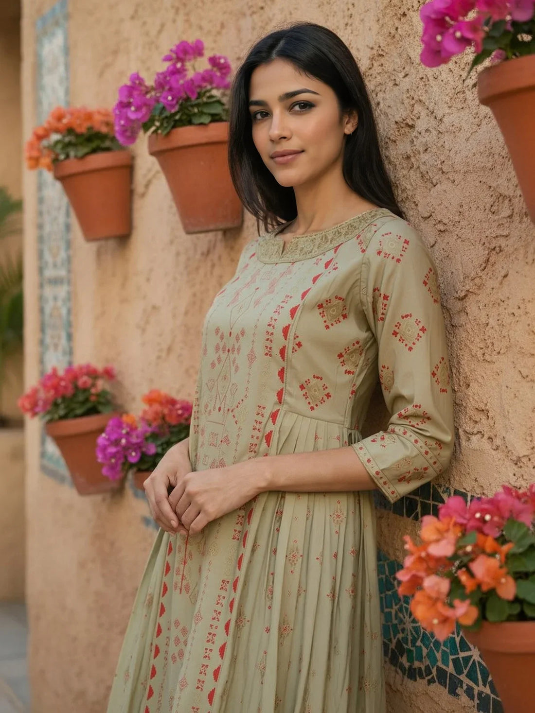 Buy Poly Viscose Embroidered Anarkali Calf Length Kurta-Green