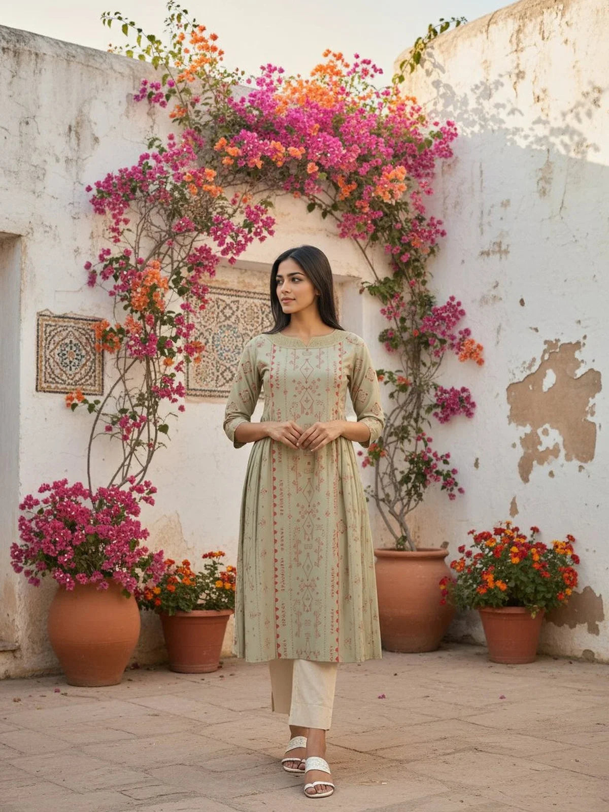 Buy Poly Viscose Embroidered Anarkali Calf Length Kurta-Green