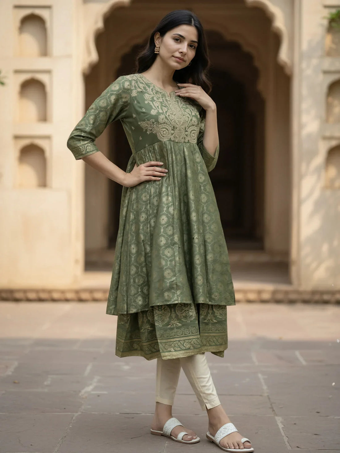 Buy Poly Viscose Embroidered Anarkali Calf Length Kurta-Green